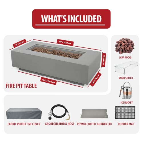Image of AMS Creations | Madison 60 inch Bundle Rectangular Natural Gas Outdoor Fire Pit Table | Light Gray Concrete GFRC | Smooth Texture or Surface | Electronic Ignition | Outside Backyard Fireplace