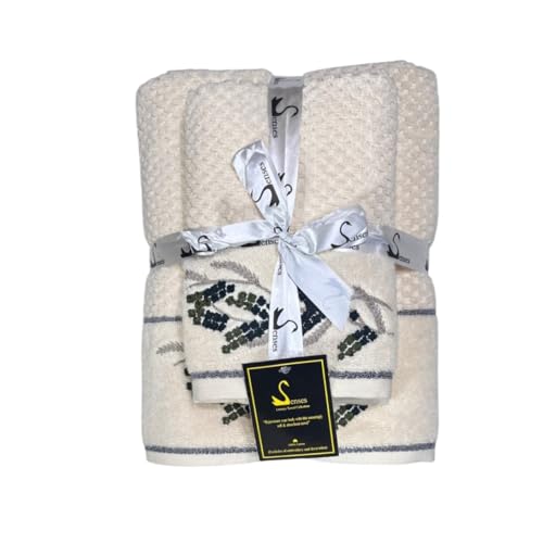 Image of SENSES By Riba Cotton Embroidered Towel Set, 550 GSM Soft & Absorbent, Antimicrobial, Oeko-Tex Certified | Ideal for Home & Gifting, Pack of 4 (2 Bath 27 inchX50 inch + 2 Hand Towels 16 inchX26 inch) - Style 6
