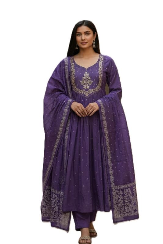 Image of Women's Elegant Embroidered Anarkali Set with Coordinated Bottom and Dupatta | Flared Traditional Ethnic Wear for Festive Celebrations, Wedding Functions and Party Occasions