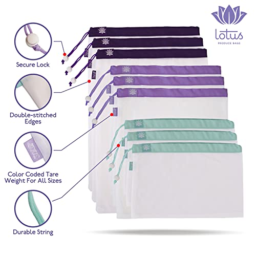 Lotus Produce Bags | 9 Count | 3 Sizes & 3 Colors | Machine Washable, Reusable, Multipurpose, Lightweight Mesh Grocery Bags | Fruits, Vegetables, Nuts, Grains | Eco-Friendly Netted Reusable Mesh Bag #TOP2