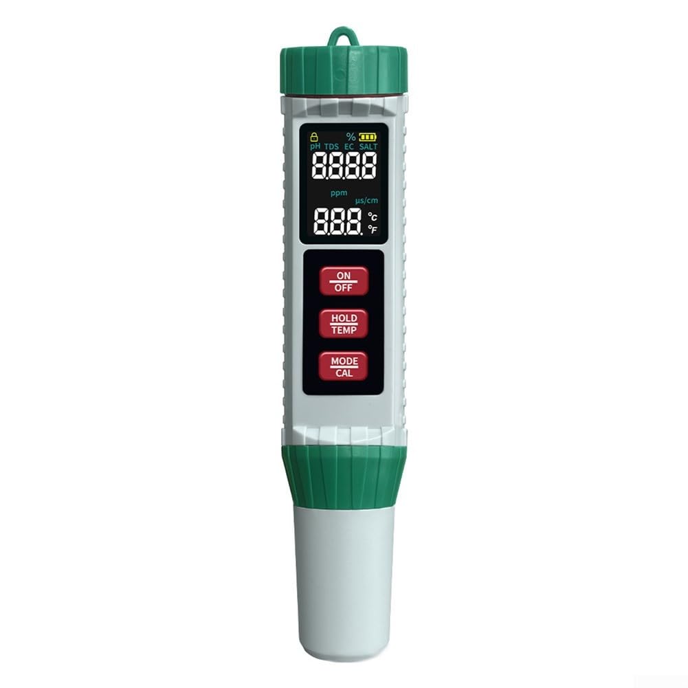 Glewi Digital pH Tester 5 in 1 Water Quality Meter for Koi Pond Spa Brewing with Salinity Temp Probe 118mm