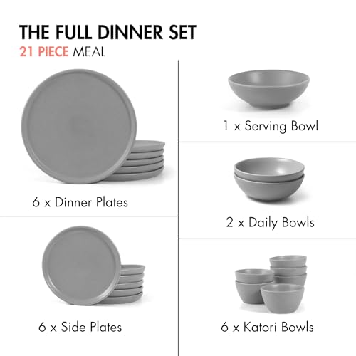 Image of Ceramic 21 Piece Dinner Set | Pebble Grey | Bone-Ash Free, Lead Free | Microwave, Oven, Dishwasher Safe | (Pebble Grey, 21 Piece Dinner Set)