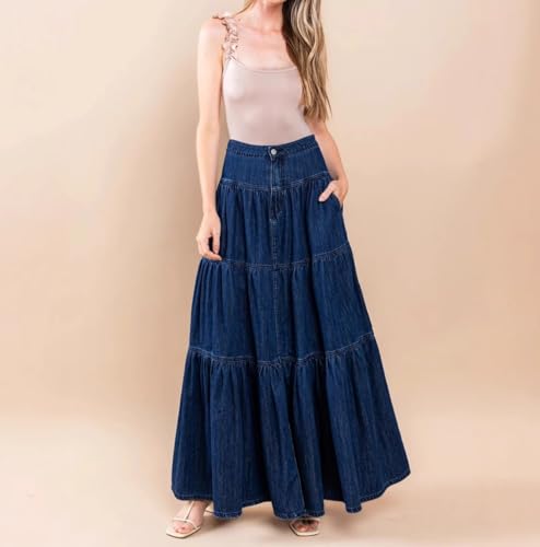 kiobrvhe Women's A-Line Half Body Cake Fluffy Skirts Y2k Loose Solid Color Long Denim Low-Waisted Vacation Style Skirt2