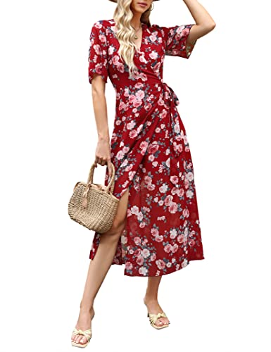 KOJOOIN Damen Lange Kleid Kurzarm Sommer Maxikleid V-Ausschnitt Tunika...