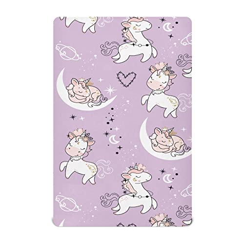 Image of Fitted Crib Sheets Purple Cute Unicorn Stretchy Portable Playard Sheets for Baby Toddler, Breathable Soft Mini Crib Mattress 52 x 28 in for Boys and Girls
