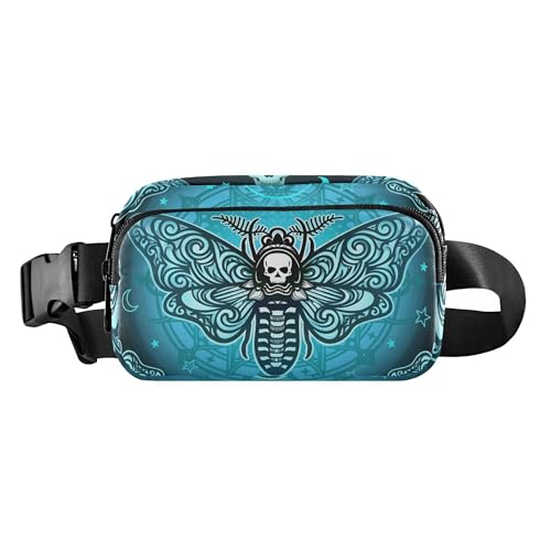 Fashion Waist Pack Crossbody Bags for Women Men with Adjustable Strap, Butterfly Skull Blue Mini Chest Bag Belt Bag for Run Travel Outdoor Cycling Hiking