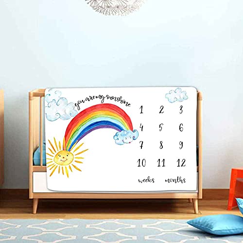 Image of Baby Monthly Milestone Blanket Wreath and Frame, Rainbow Sun Photo Prop, Growth Photography Background, 47x40 inches, Polyester, Single Layered, Baby Blanket