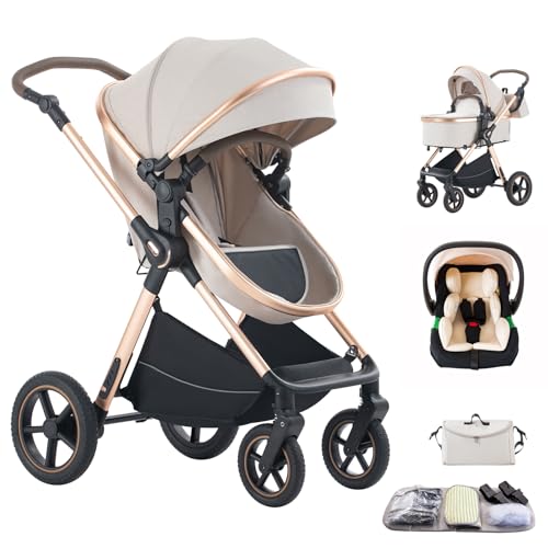 Shineey 3 in 1 Baby Stroller Travel Systems Pushchair Aluminium Frame High Landscape Combined Strollers Lightweight Folding Stroller for Features an Adjustable Push Handle Height Compact Pram