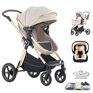3 in 1 Baby Stroller Travel Systems Pushchair Aluminium Frame High Landscape Combined Strollers Lightweight Folding Stroller for Features an Adjustable Push Handle Height Compact Pram