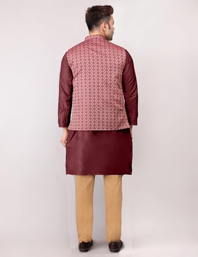 Image of Men's Cotton Silk Blend Regular Kurta Pyjama, Embroidered Nehru Jacket /Waistcoat Set