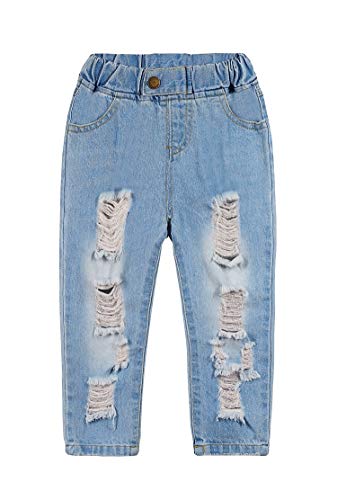 Kidscool Space Calça jeans masculina rasgada com orifícios e cintura elástica lavada de algodão enve