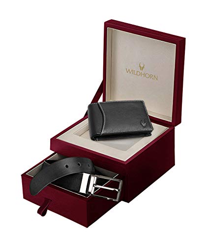 Image of WildHorn Gift Hamper for Men I Leather Wallet & Belt Combo Gift Set I Gift for Friend, Boyfriend,Husband,Father, Son etc (Black)