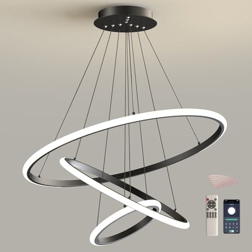 Duowelly Pendant Light APP Controlled,Led Round Chandelier Lighting Modern with Remote,Light Fittings Ceiling Pendant,Dinner Table Chandelier for Living Room Bedroom Kitchen Island(Black)