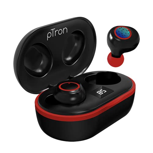 Image of pTron Bassbuds Jets True Wireless Bluetooth 5.0 Headphones with Deep Bass, Touch Control Earbuds, IPX4 Sweat /Splash Resistant, Voice Assistant, Built-in Mic & Digital Display Case - (Black & Red)