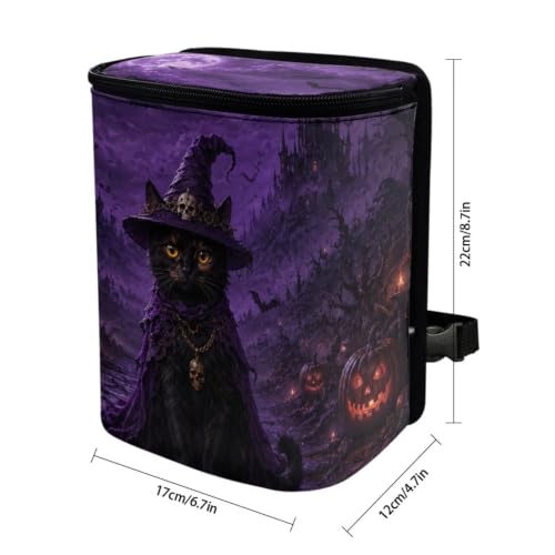 Image of Talayituse Purple Witch Black Cat Print Car Trash Can Portable Auto Garbage Bin Multifunctional Vehicle Interior Accessories with Adjustable Straps Universal Fit Truck SUV Sedan Halloween Decor