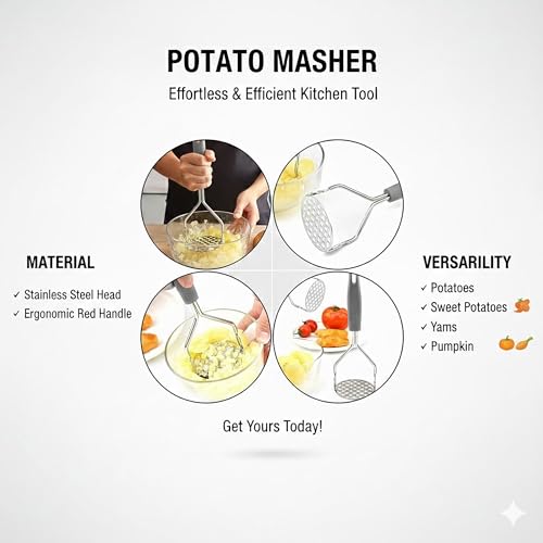 Image of YANCI Potato Masher, Stainless Steel Ricer Kitchen Gadget with Non-Slip Handle, Masher Utensil for Mashed Pav Bhaji, Vegetables, Fruits & Baby Food, Grey, Pack of 1