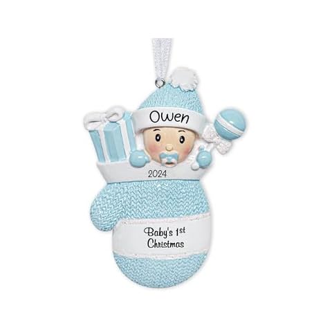 UniqXmas Personalized My Baby's First Christmas Ornament 2024 – Free Customization | Custom Baby Boy in Blue Mitten Xmas Tree Decoration – New Baby Newborn Son Grandbaby 1st Year Xmas Keepsake Cover