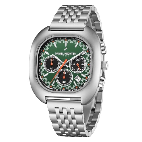 Image of Daniel Hechter Paris Broadway Collection Chronograph Watch for Men with Emerald Green Square Dial | Tachymeter Bezel, Date Display & Silver Stainless Steel Strap - DHM1033-55