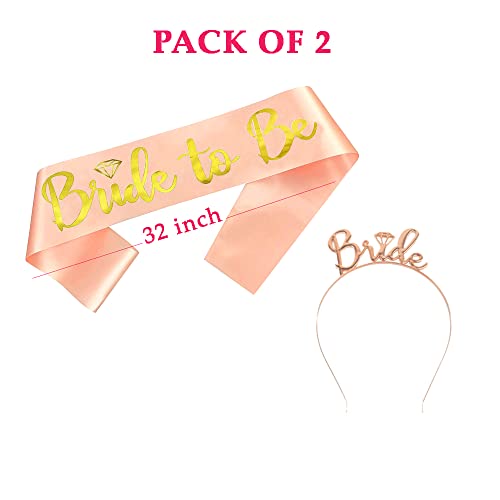 Image of AMFIN (Pack of 2) Bride to Be Sash and Bride Hairband Combo Set for Bachelor Parties Bride to be Props for Wedding Bride to be Decorations - Rose Gold