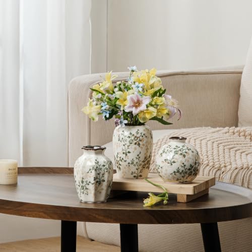 Image of Ceramic Flower Mini Vase for Decor | Vintage Small Green Rustic Vases, Farmhouse Room Decor Vase for Home, Coffee Table, Bookshelf, Centerpieces and Dinner Room, 3.8+4.6+4.7 inch Set of 3