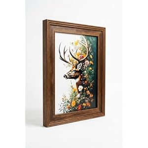 Majestic Stag with Floral Antlers Framed Wall Art, Woodland Deer Portrait Print, Wooden Frame, Botanical Forest Theme, 37 x 28 cm