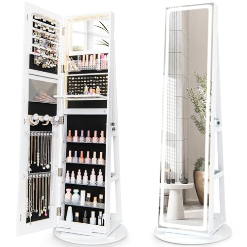 COSTWAY Armario para Joyas, Gabinete de Joyería de Pie con Luces LED, 4 en 1 Espejo Joyero Multiuso con Cerradura, Espejo de Maquillaje, Estante Plegable y Base Giratoria de 360°(Blanco)