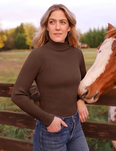 Image of ZESICA Women's Turtleneck Long Sleeve Shirts 2026 Spring Trendy Tops Slim Fitted Ribbed Knit Basic Casual Sweater
