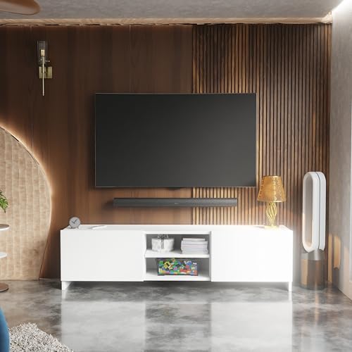 Image of Modern Living Room TV Stand with Open Display Compartment, Dual Side Storage Units, and Clean Contemporary Design for Home Decor | Assembly-DIY | Color-White
