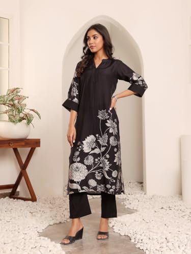 Image of Varanga Women Printed Straight Kurta Pant Set |Chanderi Silk | Summer Wear | Soft, Lightweight & Breathable | Casual Wear