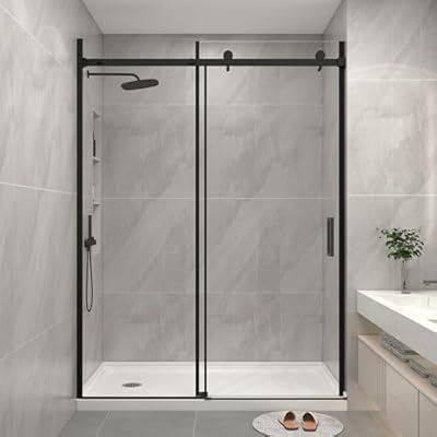 KPUY Glass Shower Door, 50-54" W x 76" H Semi-Frameless Sliding Shower Door, 1/4" (6mm) Thick Tempered Clear Glass with Explosion-Proof Film Nano Coating, Matte Black