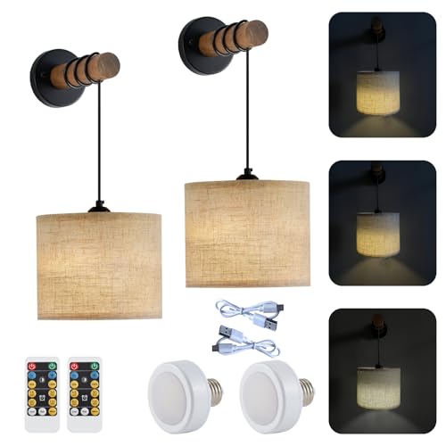 Image of XSDeTu Rechargeable Battery Operated Wall Sconces Set of 2, Modern Battery Powered Wall Light with Wooden Arm & Remote Control, Adjustable 3 Colors Dimmable Wall Lamps for Bedroom, Living Room