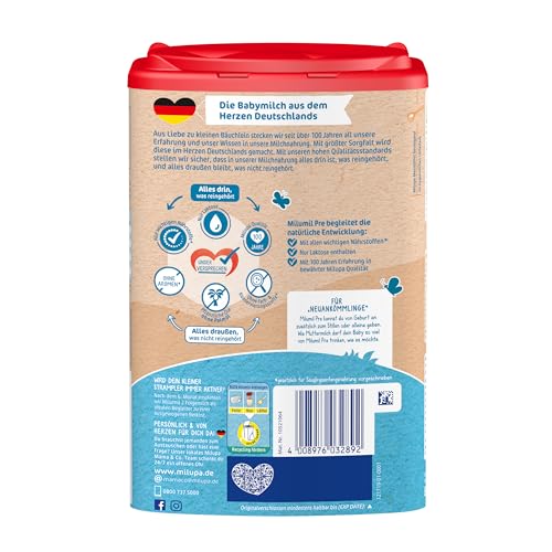 Milupa Milumil Pre – Anfangsmilch von Geburt an – Baby-Milchpulver – Mit wichtigen Nährstoffen und ohne Palmöl – 1 x 800 g