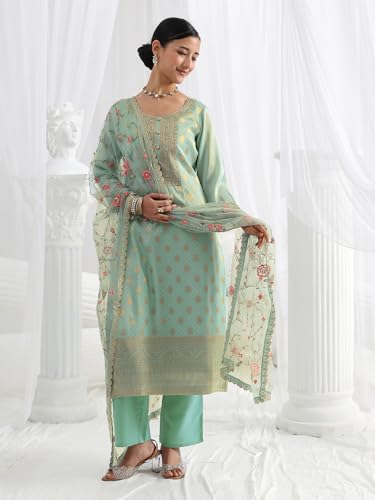 Image of Libas Woven Design Silk Blend Straight Kurta With Trousers and Dupatta | daily wear suit
