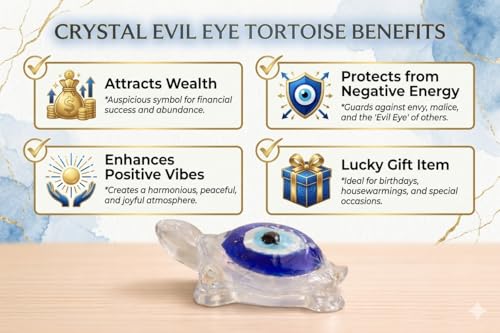 Image of Natural Selenite Tortoise (Kachhua) with Evil Eye Shell | Resin Feng Shui & Vastu Turtle for Protection, Wealth & Positive Energy | Home Office Desk Decor & Gift