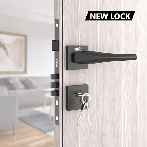 Image of GLOXY Zinc Door Lock for Main Door Mortise Set with 3 Brass Keys, Bedroom Handle Lock for Home /Office /Hotel | Black Finish (2 Years Warranty, Pack fo 1)