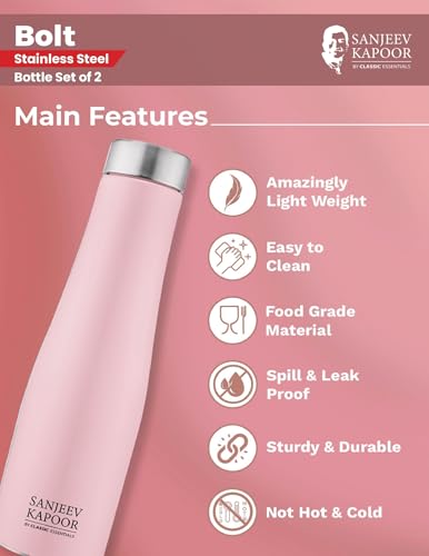 Image of CLASSIC ESSENTIALS Stainless Steel PURO Water Bottle 100% Leak Proof | Office Bottle | Gym Bottle | Hiking & Treking Bottle | Steel Water Bottle 1000 ml Bottle (Set of 2) (Pink)