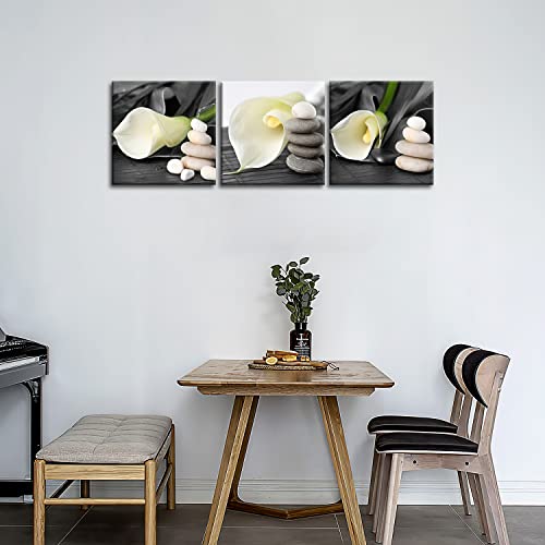 Canvas Print Wall Art Painting For Home Decor Still Life Of White Calla Lily With Gray Spa Pebbles Zen Stones On Black Background Callalily 3 Pieces Panel Paintings Modern Giclee Stretched And Framed Artwork The Picture For Living Room Decoration Flower Pictures Photo Prints On Canvas #TOP3
