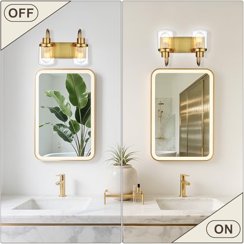 Image of Yaohong Gold Bathroom Light Fixtures, 2-Light Vintage Gold Vanity Lights, Industrial Wall Sconce with Clear Glass Shade Light Fixtures for Bathroom Above Mirror Kitchen Living Room Gallery