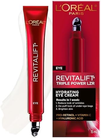 L’Oréal Paris Eye Cream For Wrinkles, with Hyaluronic Acid, Vitamin C, Under Eye Cream to Reduce Look of Wrinkles and Under-Eye Bags, Revitalift Triple Power LZR, Skincare, 15ml