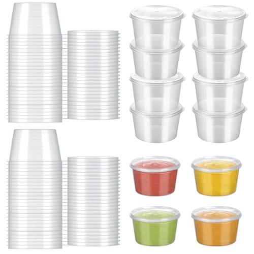 ZEFAN 100 Stück Kleine Plastikbecher mit Deckel, 4 OZ Kunststoffbehälter mit Deckel, 100 ml Auslaufsicher Kleine Plastikbehälter, Dressingbecher für Soßen, Snacks, Ketchup, Salate