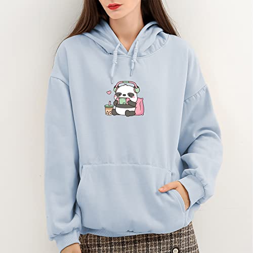 Weetiotio Cute Panda Graphic Oversized Hoodies For Teen Girls Kawaii Cartoon Sweatshirt Women Casual Cotton Fleece Pullover Lightblue #TOP1