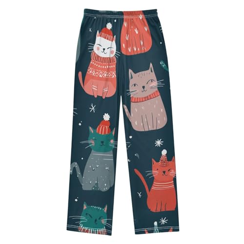 Cat Xmas Snowflake Boys Long Pants Soft Trousers Elastic Waist Kids Lounge Bottoms with Pockets S-XL2