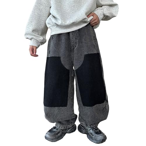 Boys Baggy Jeans Wide Leg Color Block Jeans Casual Elastic Waisted Y2k Relaxed Fit Hip Hop Denim Pants with Pockets