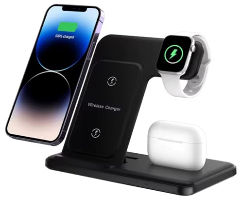 Cargador Inalámbrico 3 en 1 para iPhone, Samsung, Apple Watch y AirPods - Estación de Carga Rápida Universal 15W para Múltiples Dispositivos - Soporte Plegable Ideal para Casa, Oficina y Viaje (Negro)