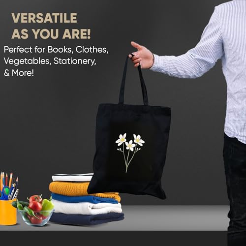Image of STRUTT Foldable Canvas Tote Bag for Women,Tote Bag for College Girls, 100% Organic Cotton Reusable Shopping Bag for Grocery, Eco-Friendly Multi-Purpose Bag for Travel & Daily Use - White Daisy
