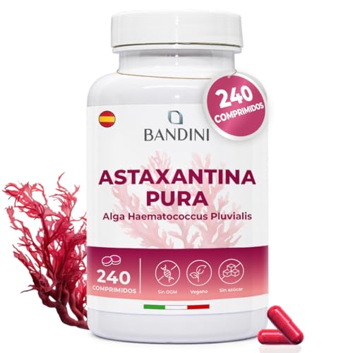 Bandini® Astaxantina 240 tabletas (suministro para 8 meses), Pura 8 mg por comprimido, Astaxanthin natural de microalga Haematococcus Pluvialis, sin estearato de magnesio, sin OGM, 100% vegano