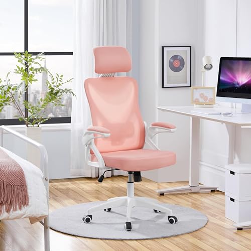 Image of Yaheetech Ergonomic Office Chair with Headrest, Lumbar Support, White /Pink | Breathable mesh high-back adjustable headrest, padded seat, and flip-up armrests supports your back and neck, holds 300lb