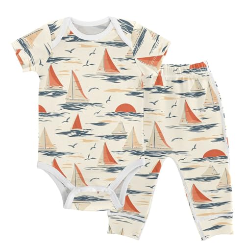 vvfelixl Baby Clothes Sailboat Sailing at Sunseton Baby Bodysuits Set Unisex Short Sleeve Babys Pants Sets 0-3M