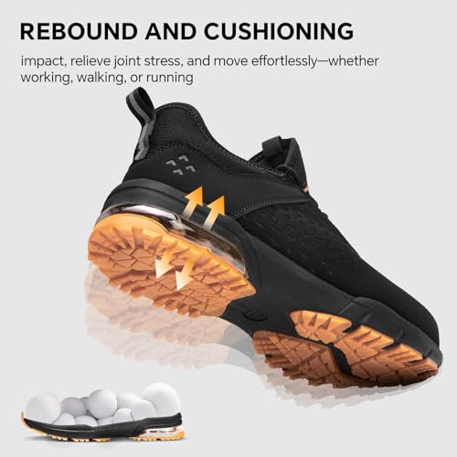 SPIEZ Safety Shoes for Men Women - Air Cushion Non-Steel Composite Toe, Lightweight Fashion Sneaker Design,Slip-On with Adjustable Laces, All-Day Protection, Black Orange US 6-13.5 - Image 5
