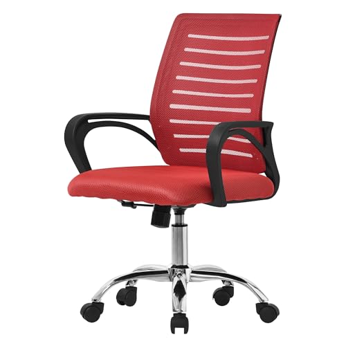 ML-Design Silla de Oficina Ergonómica Roja de Rejilla Asiento de Escritorio Ordernador con Resposabrazos Acolchado, Reposacabezas Regulable Función Balancín y Giratoria 360° con Ruedas